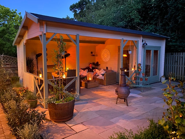 A garden room illuminated different light sources. 