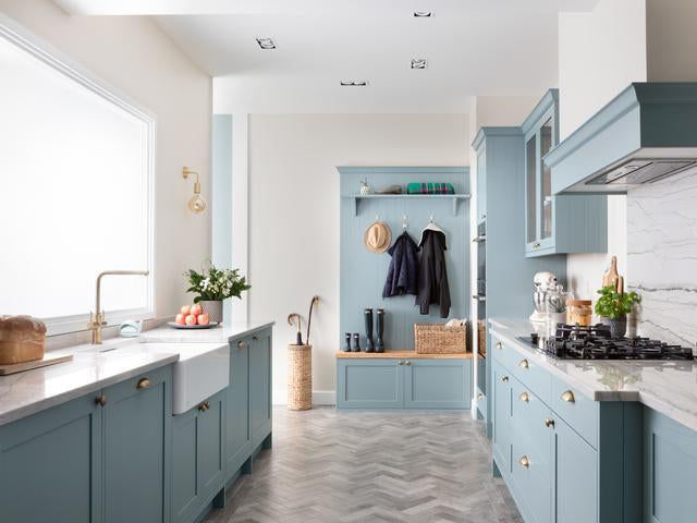 A blue and white kitchen 