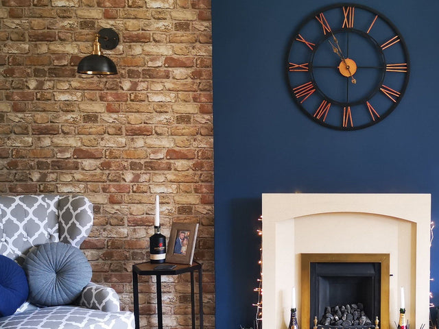 A home interior with brick and blue walls