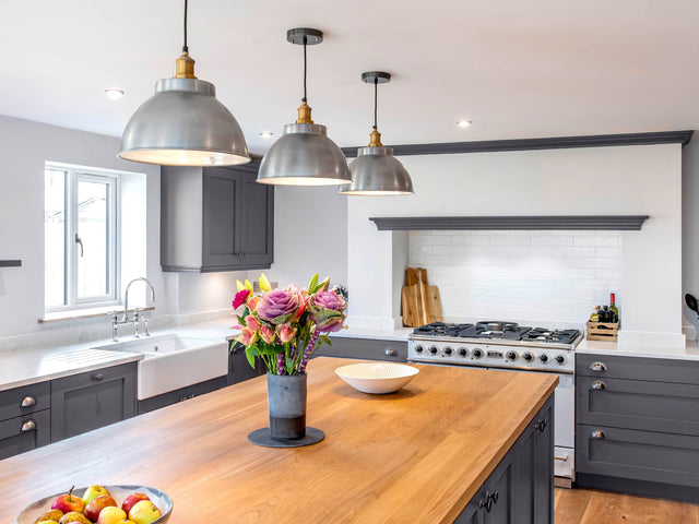 Grey dark kitchen interior design with vintage lighting