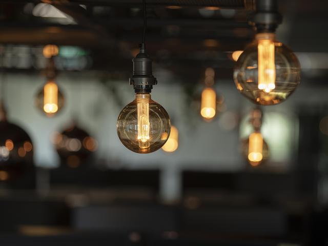 Exposed bulb lights hanging from the ceiling