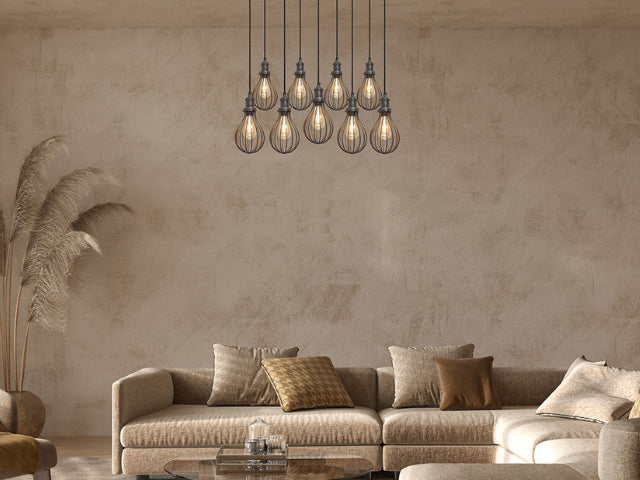 A beige living room with an industrial cluster chandelier light