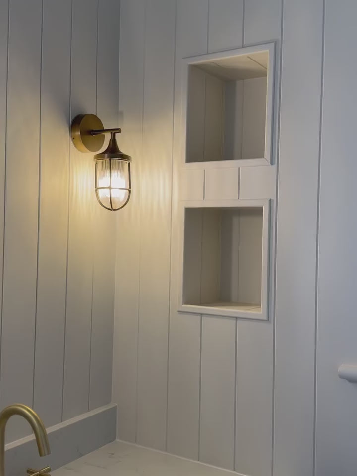 Harbour Outdoor & Bathroom Wall Light in Brass with Ribbed Glass