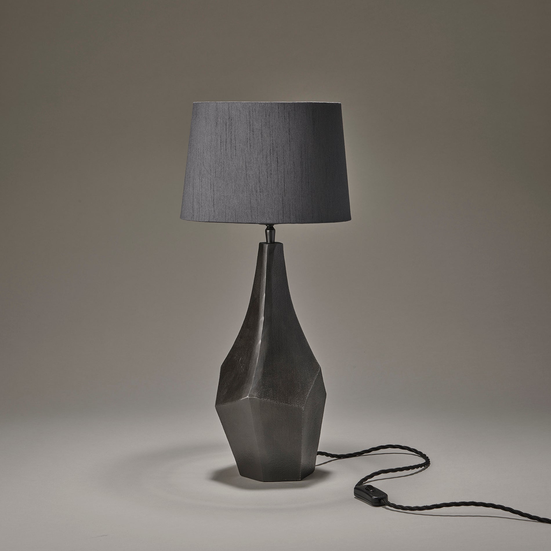 ornate prism table lamp in pewter with small empire lampshade in grey