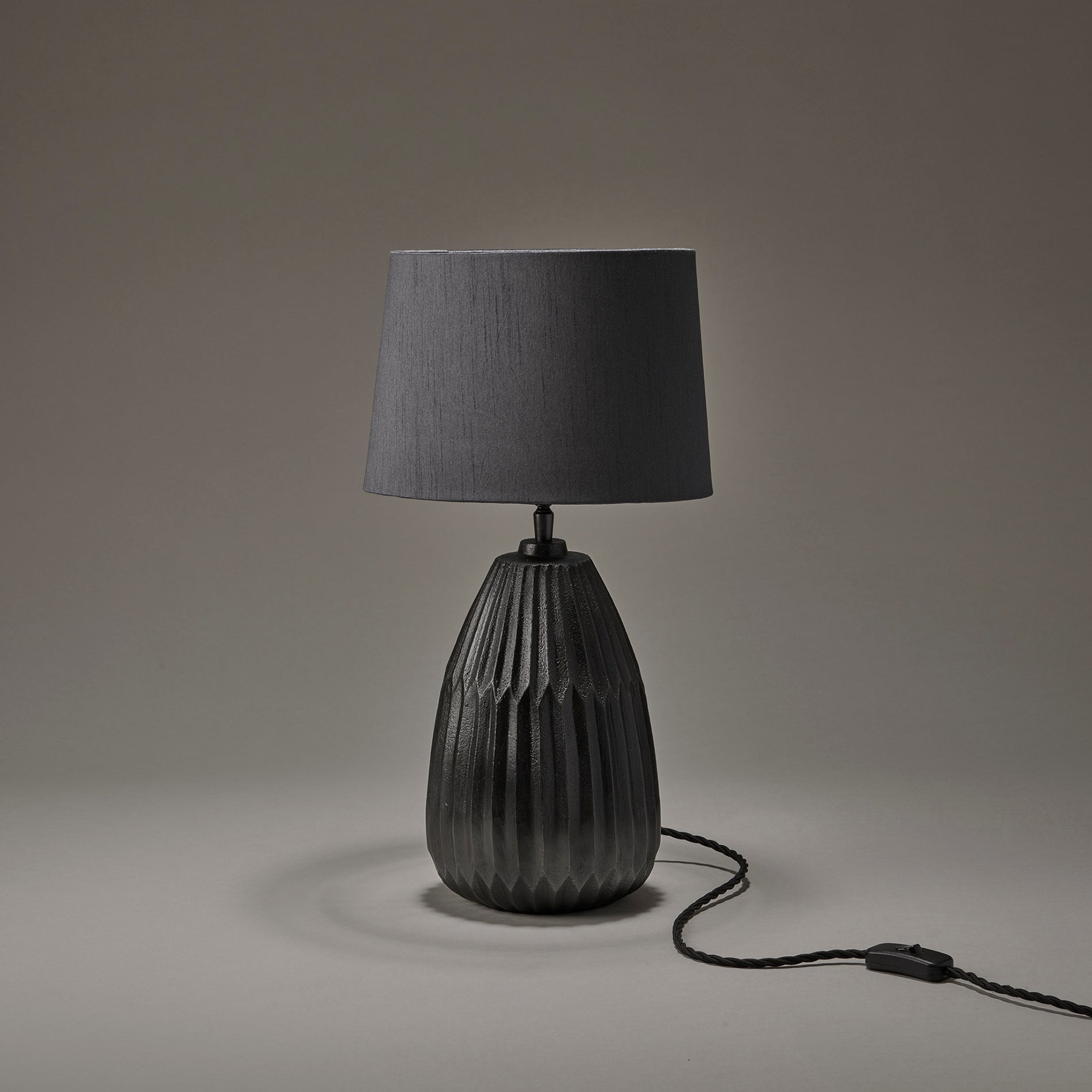ornate thistle table lamp in pewter with small empire lampshade in grey