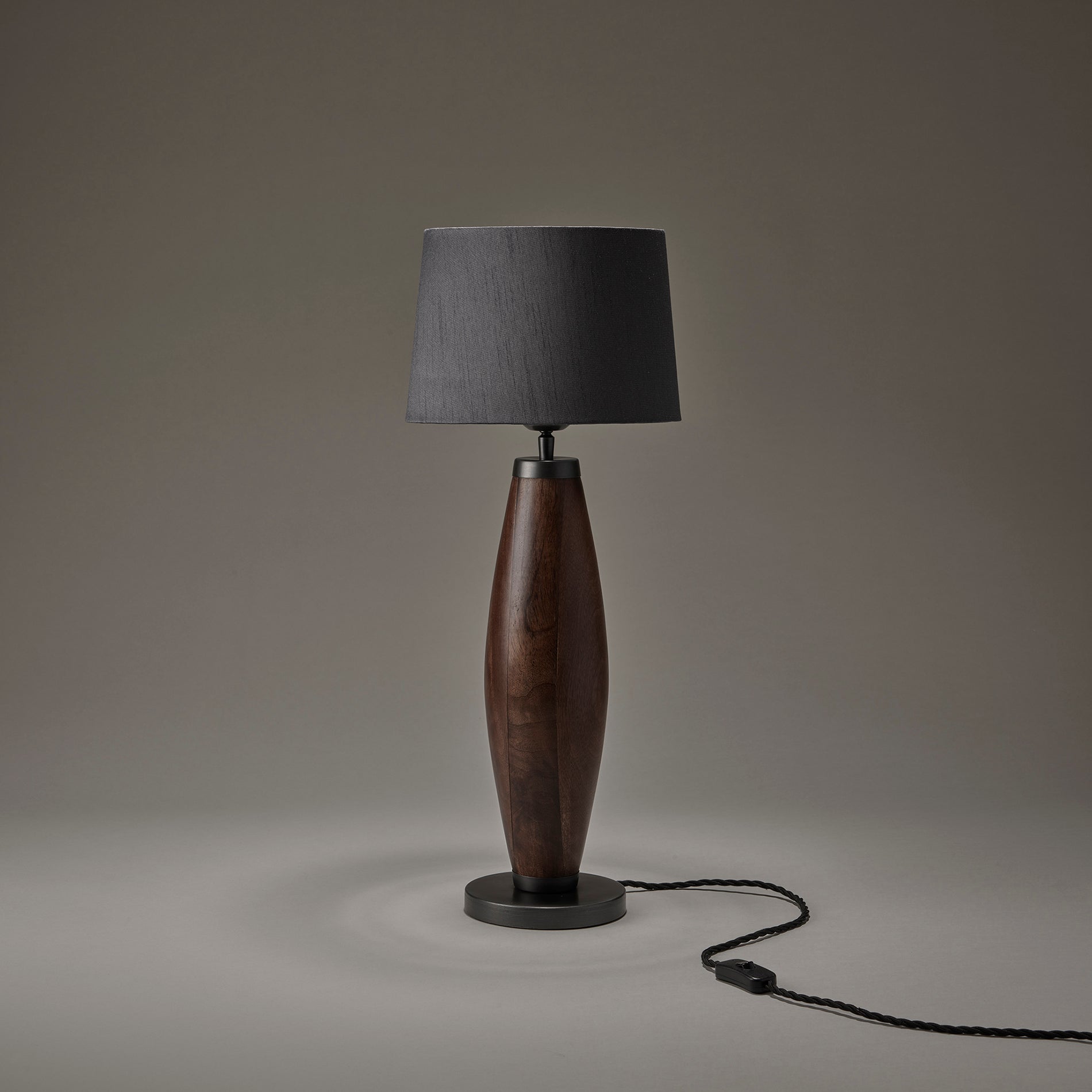 wooden geometric pillar table lamp in black with small empire lampshade in grey