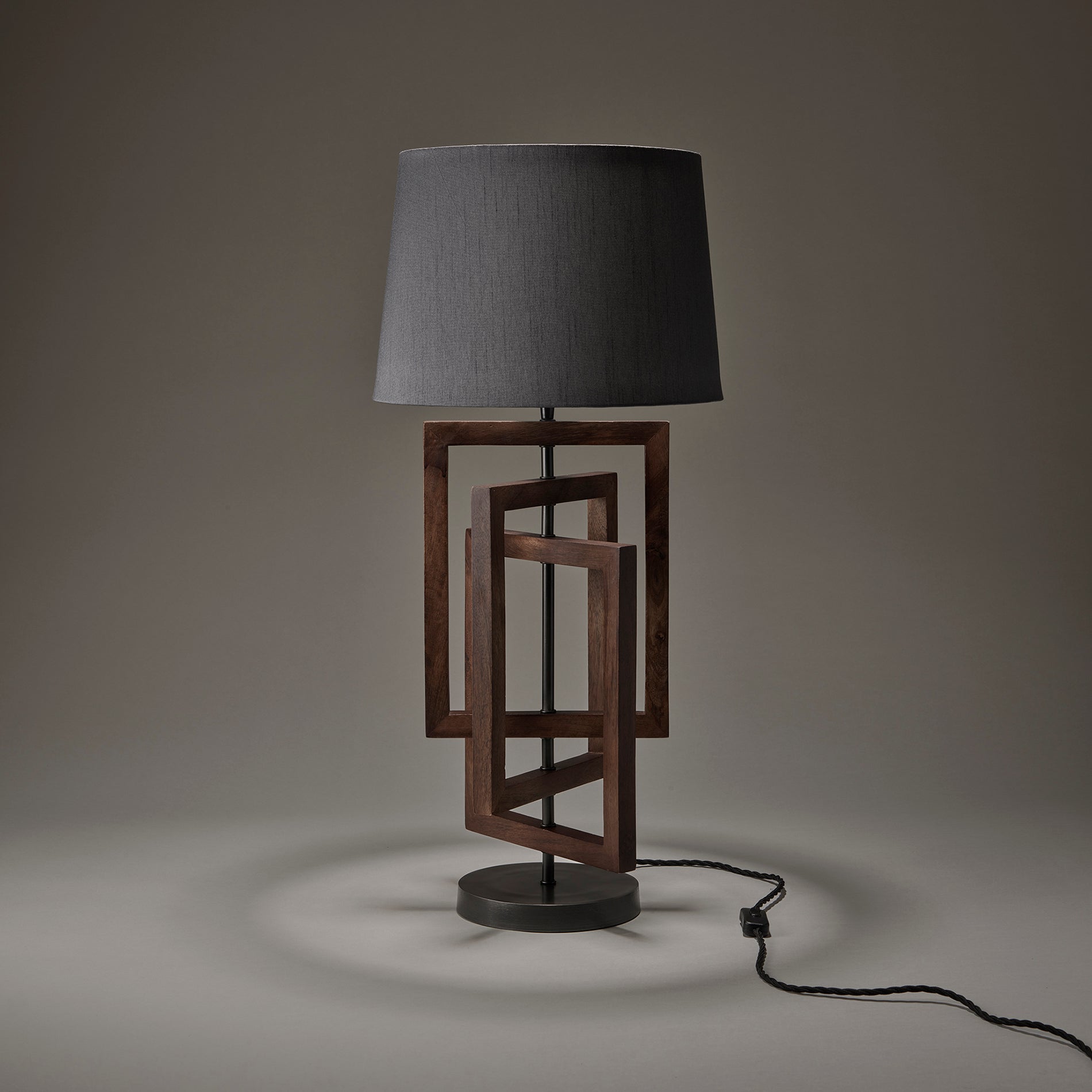 wooden geometric rectangle table lamp in walnut with large empire lampshade in grey