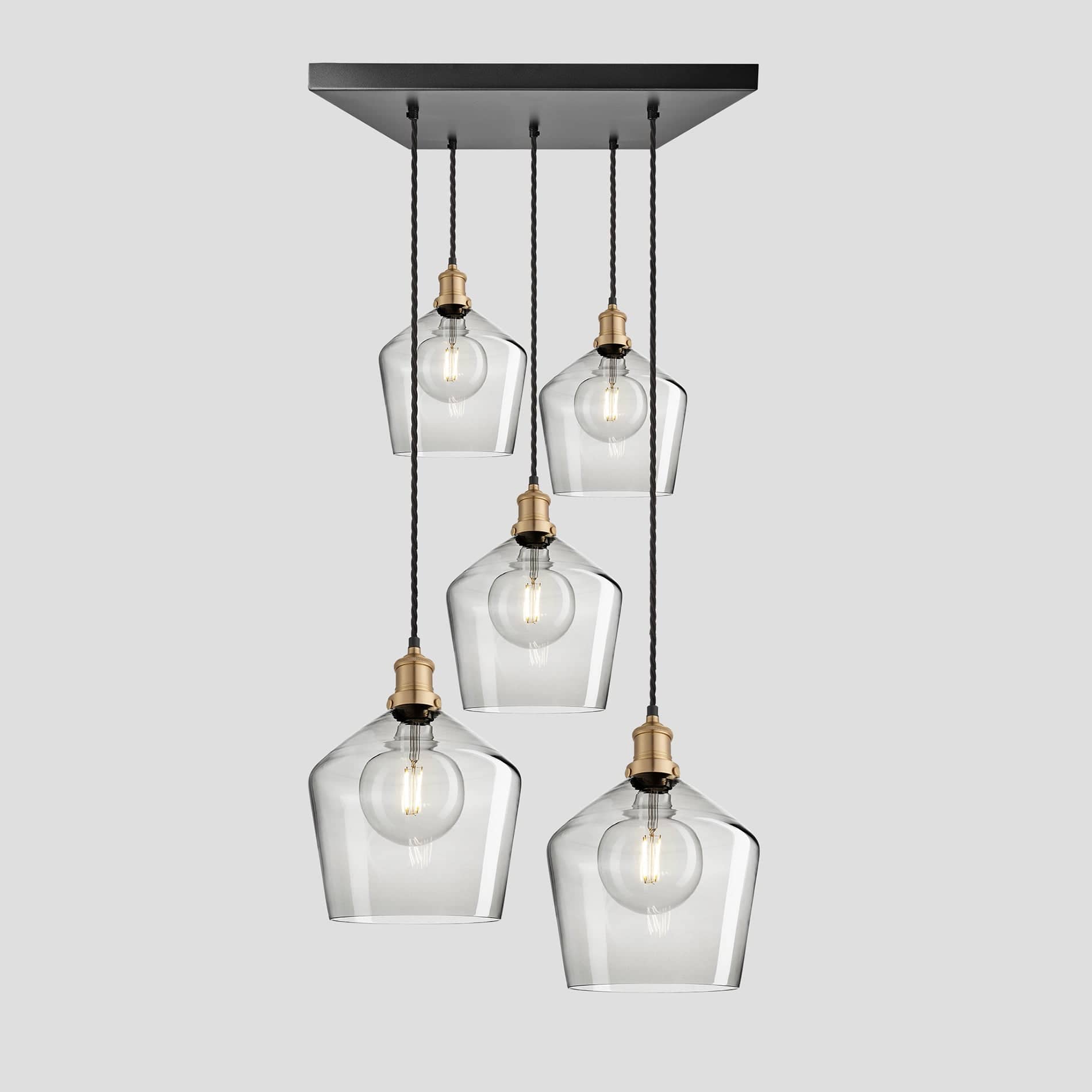 Brooklyn Tinted Glass Schoolhouse 5 Wire Square Cluster Lights - 10 inch - Smoke Grey Industville BR-TGL-SH10-5WSQCL-SG-BH