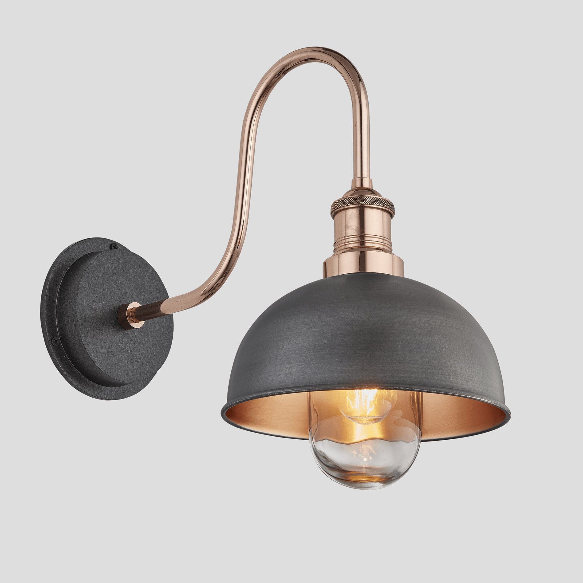 Swan Neck Outdoor & Bathroom Dome Wall Light - 8 Inch - Pewter & Copper Industville SN-IP65-DWL8-CP-CH