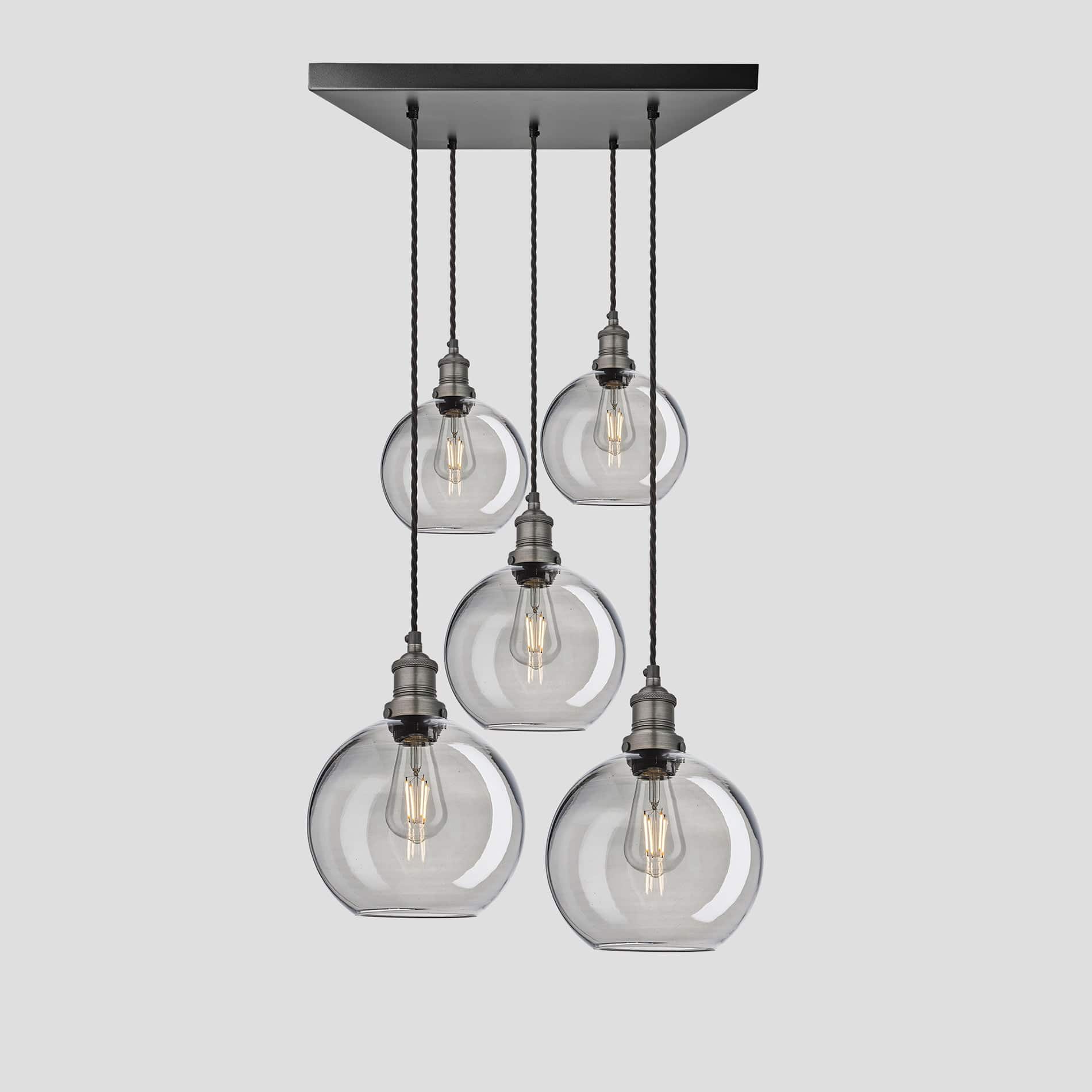 Brooklyn Tinted Glass Globe 5 Wire Square Cluster Lights - 9 inch - Smoke Grey Industville BR-TGL-GL9-5WSQCL-SG-PH
